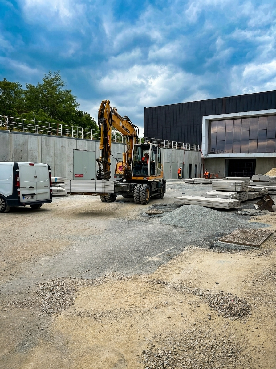 Manœuvre de la pelle Liebherr A 316 le long des façades du bâtiment