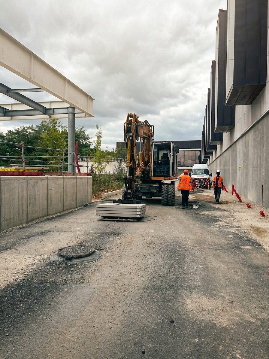 Pelle sur pneus Liebherr A 316 sur le chantier de Champigny-sur-Marne